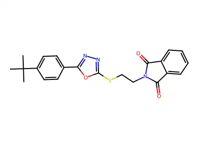 2-[2-({5-[4-(tert-butyl)phenyl]-1,3,4-oxadiazol-2-yl}sulfanyl)ethyl]-1H-isoindole-1,3(2H)-dione structure