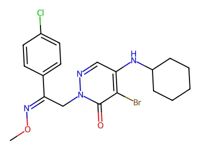 4-bromo-2-[2-(4-chlorophenyl)-2-methoxyiminoethyl]-5-(cyclohexylamino)pyridazin-3-one structure
