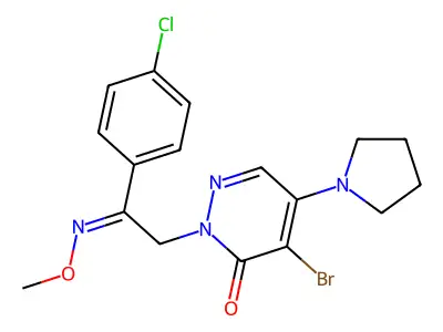 4-bromo-2-[2-(4-chlorophenyl)-2-methoxyiminoethyl]-5-pyrrolidin-1-ylpyridazin-3-one structure