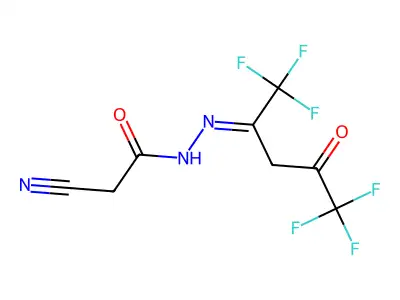2-cyano-N'-(1,1,1,5,5,5-hexafluoro-4-oxopentan-2-ylidene)acetohydrazide structure