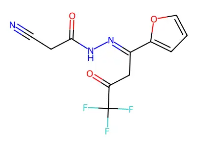 2-cyano-N'-[4,4,4-trifluoro-1-(furan-2-yl)-3-oxobutylidene]acetohydrazide structure
