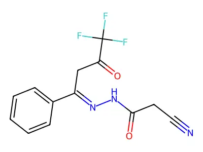 2-cyano-N'-[(E)-4,4,4-trifluoro-3-oxo-1-phenylbutylidene]acetohydrazide structure