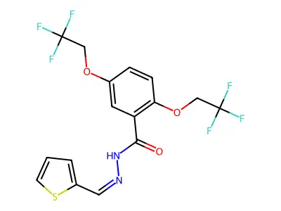 N-(thiophen-2-ylmethylideneamino)-2,5-bis(2,2,2-trifluoroethoxy)benzamide structure