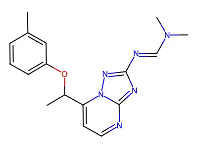 (E)-N,N-dimethyl-N'-{7-[1-(3-methylphenoxy)ethyl]-[1,2,4]triazolo[1,5-a]pyrimidin-2-yl}methanimidamide structure