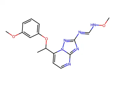 (E)-N'-methoxy-N-{7-[1-(3-methoxyphenoxy)ethyl]-[1,2,4]triazolo[1,5-a]pyrimidin-2-yl}methanimidamide structure