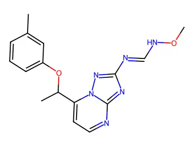 (E)-N'-methoxy-N-{7-[1-(3-methylphenoxy)ethyl]-[1,2,4]triazolo[1,5-a]pyrimidin-2-yl}methanimidamide structure