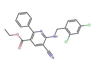 Ethyl 5-cyano-6-((2,4-dichlorobenzyl)amino)-2-phenylnicotinate structure