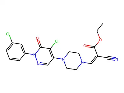 ethyl 3-[4-[5-chloro-1-(3-chlorophenyl)-6-oxopyridazin-4-yl]piperazin-1-yl]-2-cyanoprop-2-enoate structure