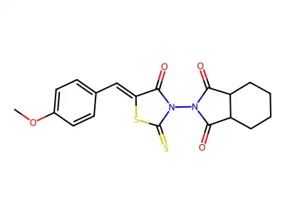 2-[5-[(4-methoxyphenyl)methylidene]-4-oxo-2-sulfanylidene-1,3-thiazolidin-3-yl]-3a,4,5,6,7,7a-hexahydroisoindole-1,3-dione structure