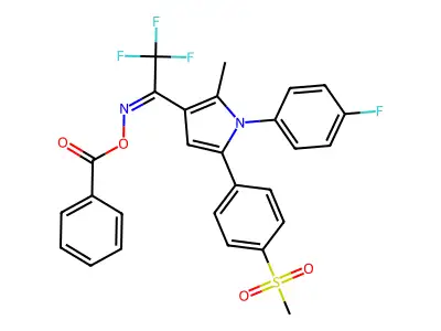 [[2,2,2-trifluoro-1-[1-(4-fluorophenyl)-2-methyl-5-(4-methylsulfonylphenyl)pyrrol-3-yl]ethylidene]amino] benzoate structure