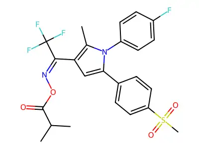[[2,2,2-trifluoro-1-[1-(4-fluorophenyl)-2-methyl-5-(4-methylsulfonylphenyl)pyrrol-3-yl]ethylidene]amino] 2-methylpropanoate structure