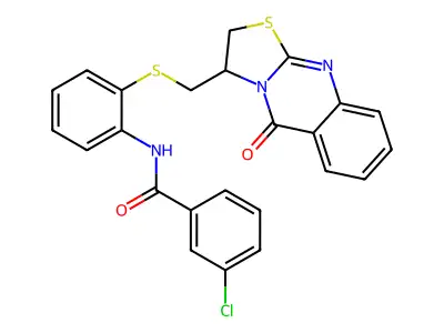 3-chloro-N-(2-{[(5-oxo-2,3-dihydro-5H-[1,3]thiazolo[2,3-b]quinazolin-3-yl)methyl]sulfanyl}phenyl)benzenecarboxamide structure