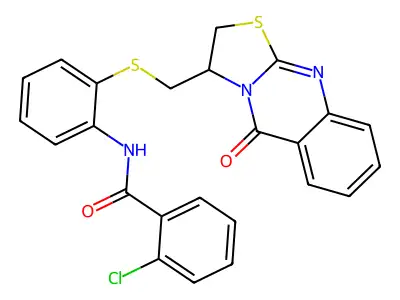 2-chloro-N-(2-{[(5-oxo-2,3-dihydro-5H-[1,3]thiazolo[2,3-b]quinazolin-3-yl)methyl]sulfanyl}phenyl)benzenecarboxamide structure