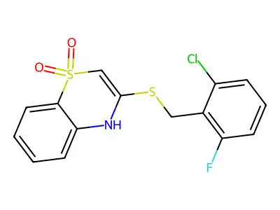 3-[(2-chloro-6-fluorobenzyl)sulfanyl]-1lambda~6~,4-benzothiazine-1,1(4H)-dione structure
