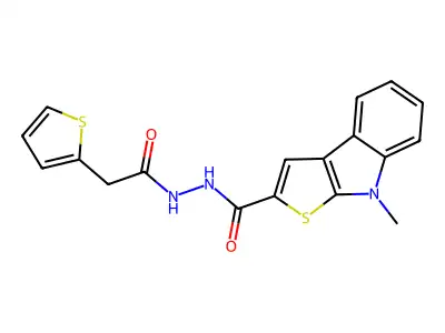 8-methyl-N'-[2-(2-thienyl)acetyl]-8H-thieno[2,3-b]indole-2-carbohydrazide structure