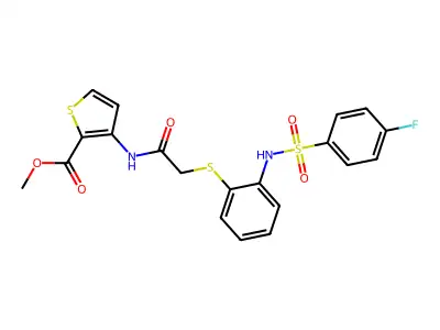methyl 3-({2-[(2-{[(4-fluorophenyl)sulfonyl]amino}phenyl)sulfanyl]acetyl}amino)-2-thiophenecarboxylate structure