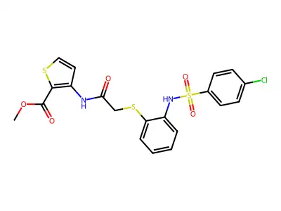 methyl 3-({2-[(2-{[(4-chlorophenyl)sulfonyl]amino}phenyl)sulfanyl]acetyl}amino)-2-thiophenecarboxylate structure
