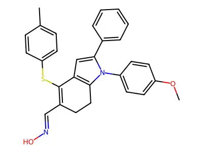 1-(4-methoxyphenyl)-4-[(4-methylphenyl)sulfanyl]-2-phenyl-6,7-dihydro-1H-indole-5-carbaldehyde oxime structure