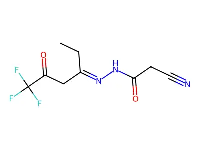2-cyano-N-[(6,6,6-trifluoro-5-oxohexan-3-ylidene)amino]acetamide structure