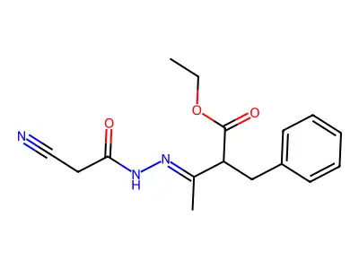 Ethyl 2-benzyl-3-[2-(cyanoacetyl)hydrazinylidene]butanoate structure