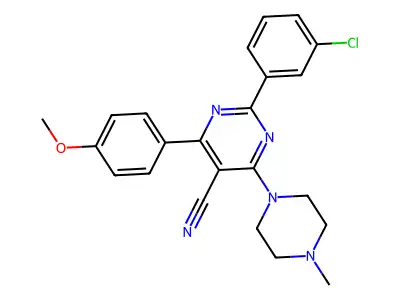 2-(3-chlorophenyl)-4-(4-methoxyphenyl)-6-(4-methylpiperazin-1-yl)pyrimidine-5-carbonitrile structure