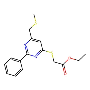 Ethyl 2-({6-[(methylsulfanyl)methyl]-2-phenyl-4-pyrimidinyl}sulfanyl)acetate structure