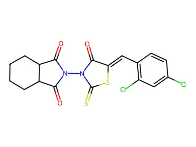 2-[5-[(2,4-dichlorophenyl)methylidene]-4-oxo-2-sulfanylidene-1,3-thiazolidin-3-yl]-3a,4,5,6,7,7a-hexahydroisoindole-1,3-dione structure