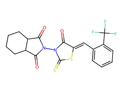 2-(4-oxo-2-thioxo-5-{[2-(trifluoromethyl)phenyl]methylene}-1,3-thiazolan-3-yl)hexahydro-1H-isoindole-1,3(2H)-dione structure
