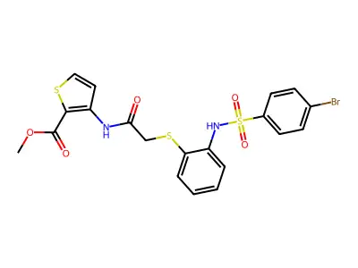 methyl 3-({2-[(2-{[(4-bromophenyl)sulfonyl]amino}phenyl)sulfanyl]acetyl}amino)-2-thiophenecarboxylate structure