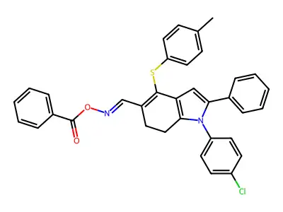 [[1-(4-chlorophenyl)-4-(4-methylphenyl)sulfanyl-2-phenyl-6,7-dihydroindol-5-yl]methylideneamino] benzoate structure