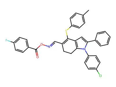 [[1-(4-chlorophenyl)-4-(4-methylphenyl)sulfanyl-2-phenyl-6,7-dihydroindol-5-yl]methylideneamino] 4-fluorobenzoate structure