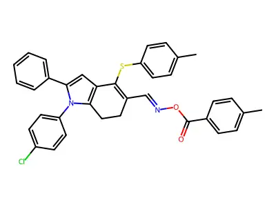 [[1-(4-chlorophenyl)-4-(4-methylphenyl)sulfanyl-2-phenyl-6,7-dihydroindol-5-yl]methylideneamino] 4-methylbenzoate structure