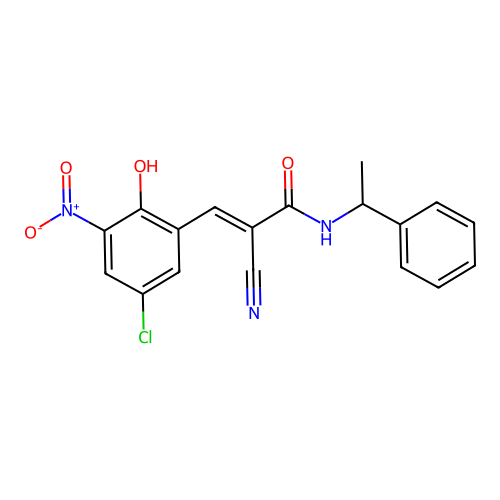 (E)-3-(5-chloro-2-hydroxy-3-nitrophenyl)-2-cyano-N-(1-phenylethyl)prop-2-enamide structure