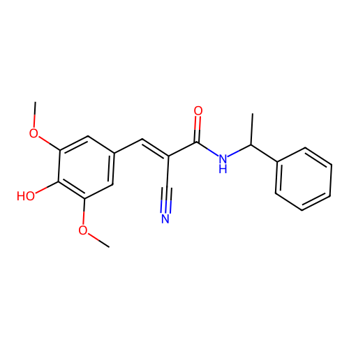 2-cyano-3-(4-hydroxy-3,5-dimethoxyphenyl)-N-(1-phenylethyl)prop-2-enamide structure
