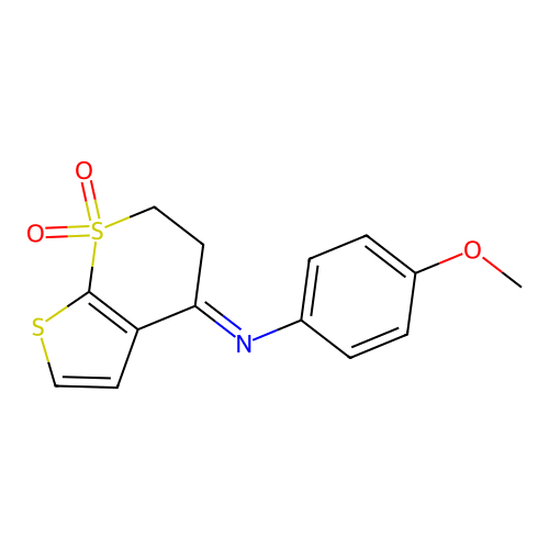 N-(4-methoxyphenyl)-7,7-dioxo-5,6-dihydrothieno[2,3-b]thiopyran-4-imine structure