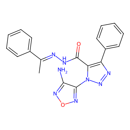 3-(4-amino-1,2,5-oxadiazol-3-yl)-5-phenyl-N-(1-phenylethylideneamino)triazole-4-carboxamide structure