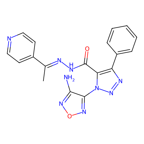 3-(4-amino-1,2,5-oxadiazol-3-yl)-5-phenyl-N-(1-pyridin-4-ylethylideneamino)triazole-4-carboxamide structure