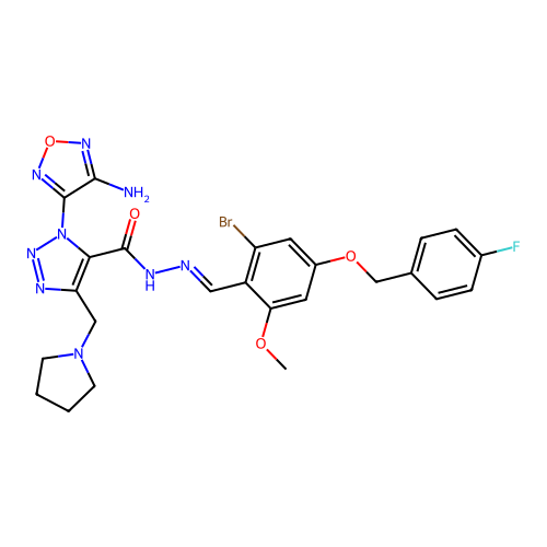 1-(4-amino-1,2,5-oxadiazol-3-yl)-N'-((E)-{2-bromo-4-[(4-fluorobenzyl)oxy]-6-methoxyphenyl}methylidene)-4-(1-pyrrolidinylmethyl)-1H-1,2,3-triazole-5-carbohydrazide structure