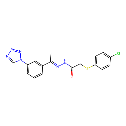 2-((4-CL-Phenyl)thio)-N'-(1-(3-(1H-tetraazol-1-YL)PH)ethylidene)acetohydrazide structure