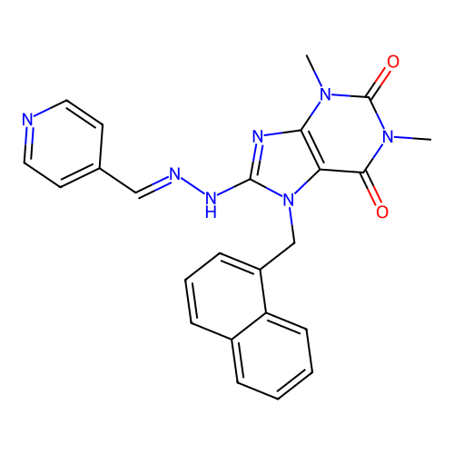 (E)-1,3-dimethyl-7-(naphthalen-1-ylmethyl)-8-(2-(pyridin-4-ylmethylene)hydrazinyl)-1H-purine-2,6(3H,7H)-dione structure