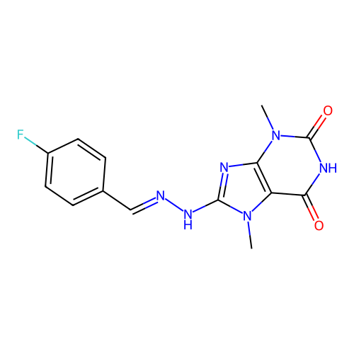 4-F-Benzaldehyde (3,7-DI-ME-2,6-dioxo-2,3,6,7-tetrahydro-1H-purin-8-YL)hydrazone structure