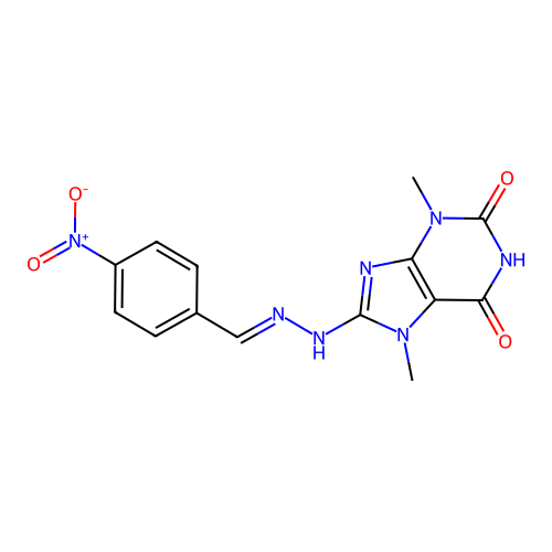 (E)-3,7-dimethyl-8-(2-(4-nitrobenzylidene)hydrazinyl)-1H-purine-2,6(3H,7H)-dione structure