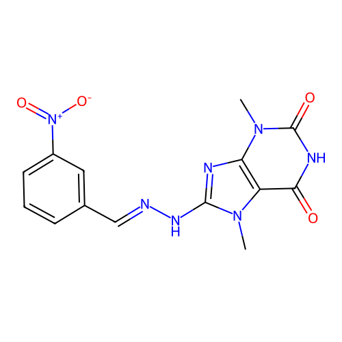 (E)-3,7-dimethyl-8-(2-(3-nitrobenzylidene)hydrazinyl)-1H-purine-2,6(3H,7H)-dione structure