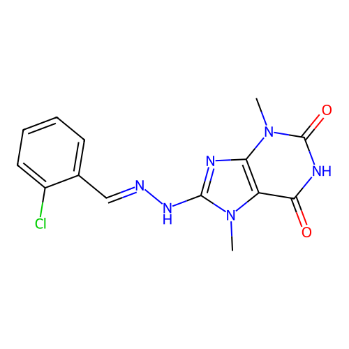 2-CL-Benzaldehyde (3,7-dime-2,6-dioxo-2,3,6,7-tetrahydro-1H-purin-8-YL)hydrazone structure