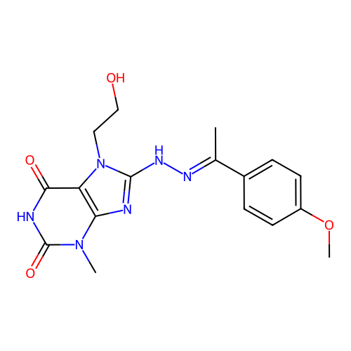 7-(2-hydroxyethyl)-8-{(2E)-2-[1-(4-methoxyphenyl)ethylidene]hydrazino}-3-methyl-3,7-dihydro-1H-purine-2,6-dione structure