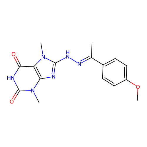 8-[(2E)-2-[1-(4-methoxyphenyl)ethylidene]hydrazinyl]-3,7-dimethylpurine-2,6-dione structure