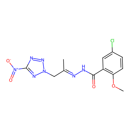 5-chloro-2-methoxy-N-[(E)-1-(5-nitrotetrazol-2-yl)propan-2-ylideneamino]benzamide structure