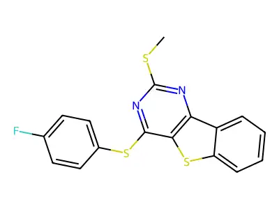 4-Fluorophenyl 2-(methylsulfanyl)[1]benzothieno[3,2-d]pyrimidin-4-yl sulfide structure