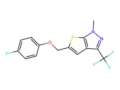 4-fluorophenyl [1-methyl-3-(trifluoromethyl)-1H-thieno[2,3-c]pyrazol-5-yl]methyl ether structure