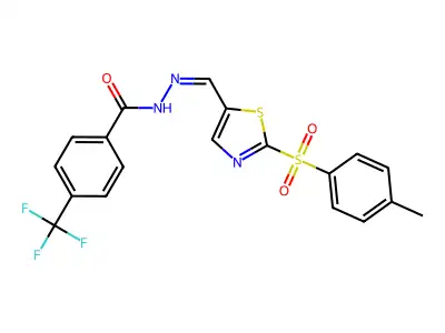 N-[[2-(4-methylphenyl)sulfonyl-1,3-thiazol-5-yl]methylideneamino]-4-(trifluoromethyl)benzamide structure